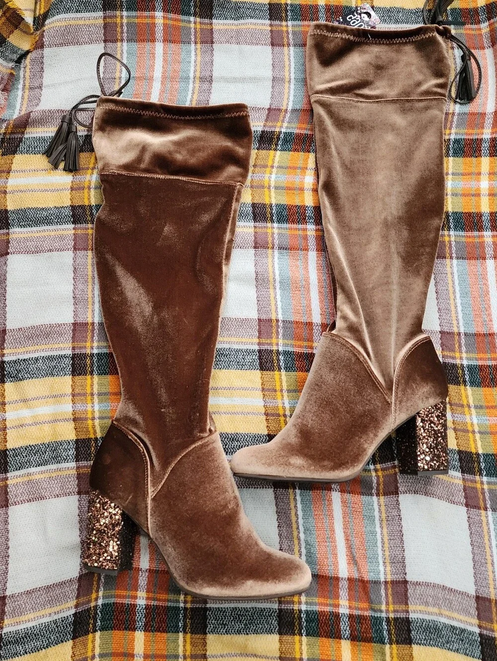 J. Renee Velvet Over The Knee Boots With Tassels And Glitter Block Heel.